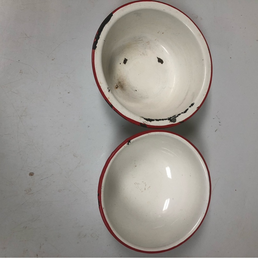 White and Red trim vintage enamel Serving Bowls - Set of 2